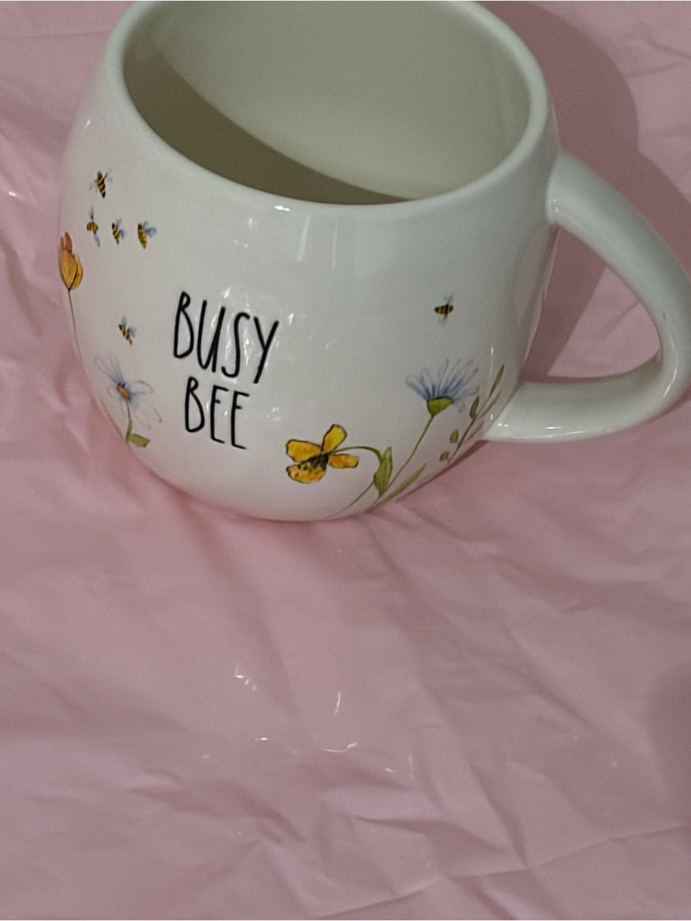 Rae Dunn White 'Busy Bee' Ceramic Mug with Yellow & Blue Floral Accents
